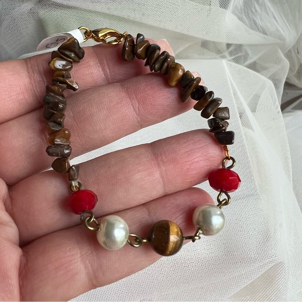 Genuine Tiger Eye Gemstone Faux Pearl & Red Crystal Bracelet - Handmade NWT - Picture 2 of 5